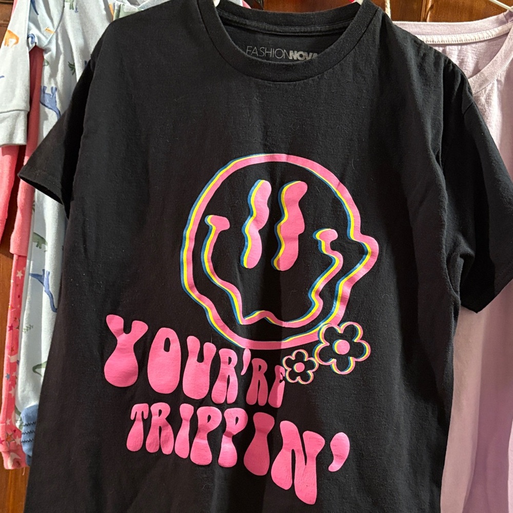 Fashion Nova Black Tee with Pink Smiley Graphic